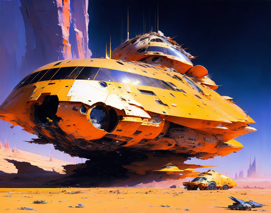 Yellow futuristic spaceship lands on desert-like alien planet with towering rock formations