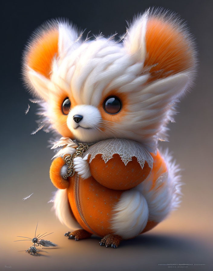 Fluffy creature with fox head, bat wings, and pumpkin body holding key with metallic insect