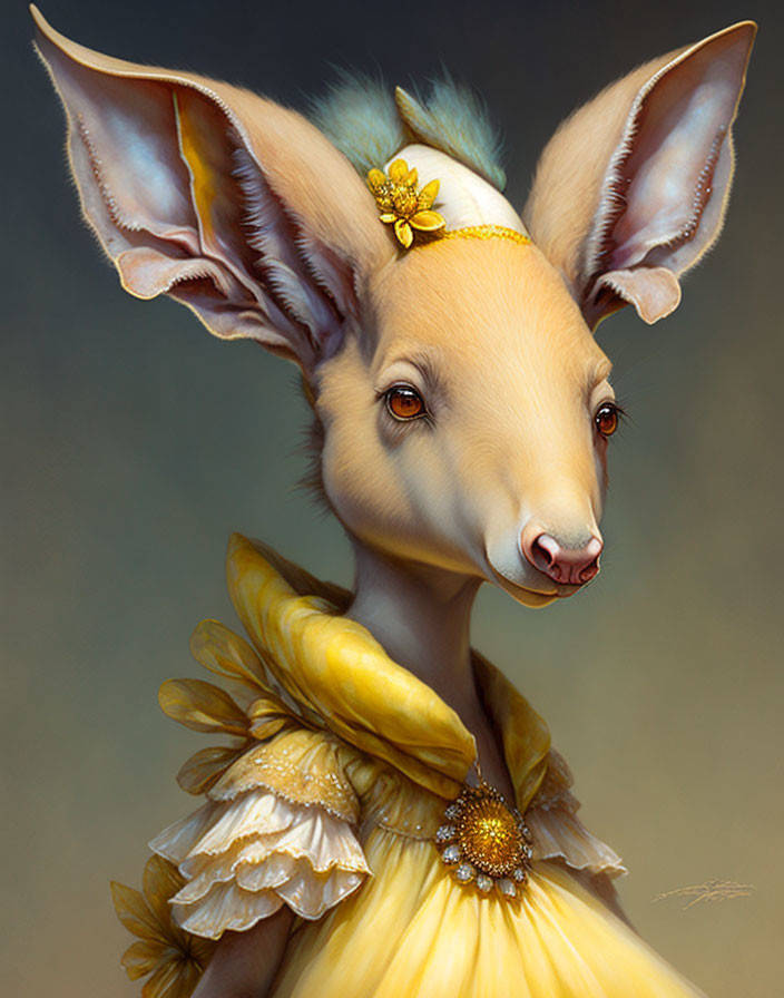 Illustration of whimsical creature with fennec fox head and floral accessory