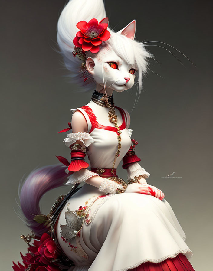 White Cat Character with Red Accents and Floral Dress