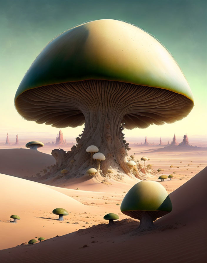 Gigantic mushroom-like structures in surreal desert landscape