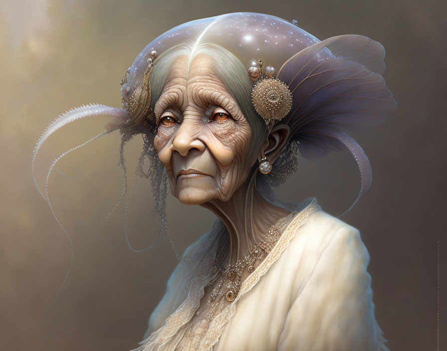 Elderly woman illustration with fantasy headdress and jewelry