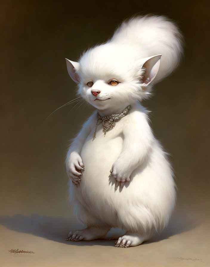 Whimsical white creature with large ears and necklace on neutral background