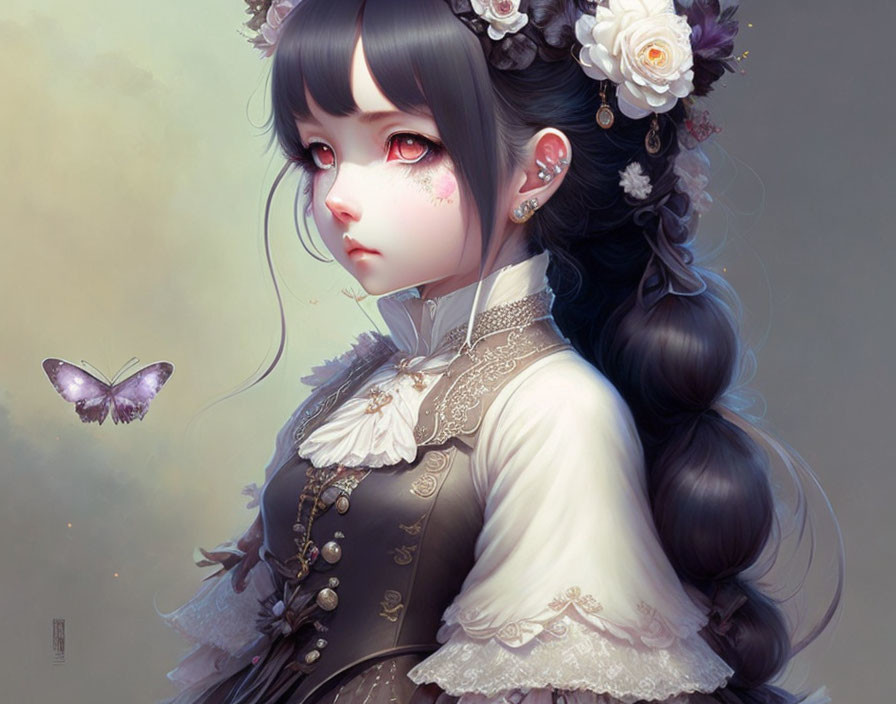 Illustrated girl in Victorian dress with dark eyes and purple butterfly