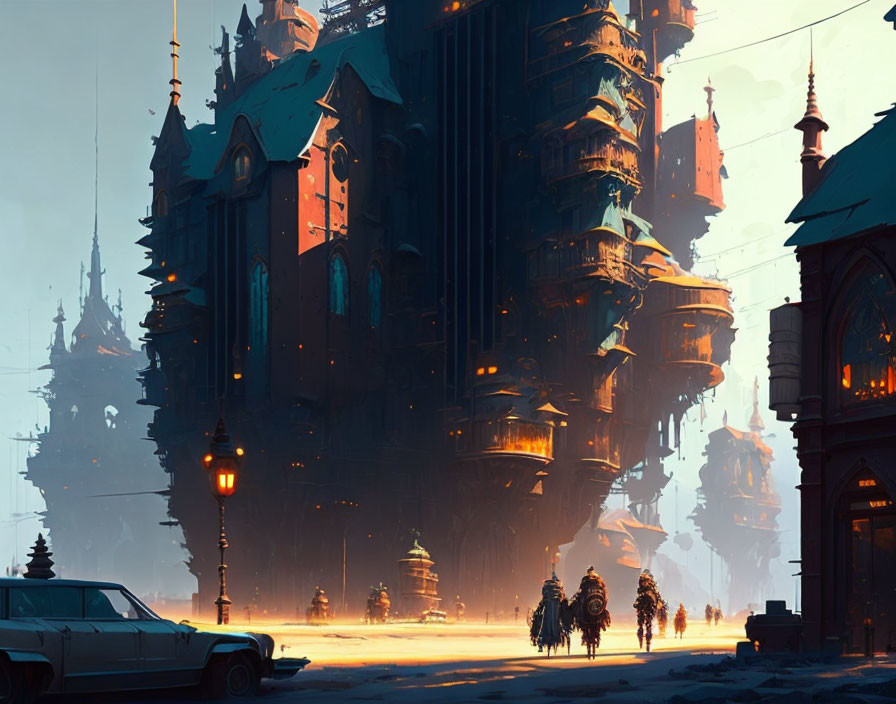 Futuristic cityscape at dusk: towering buildings, glowing windows, vintage car, bulky figures