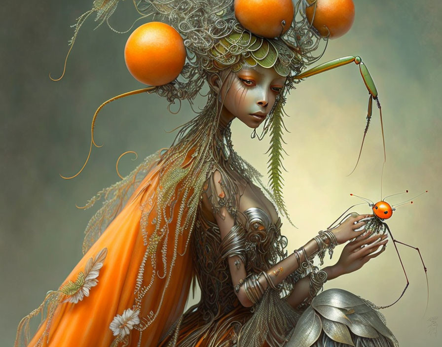 Ornate female figure with metallic headwear, oranges, orange drape, and mechanical creature