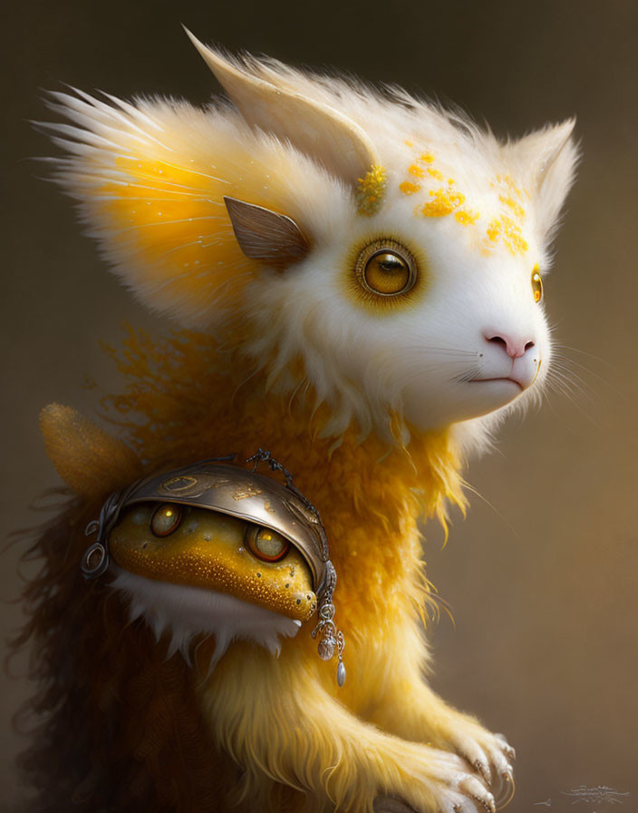 Fluffy yellow cat-owl hybrid with jewel-encrusted ornament