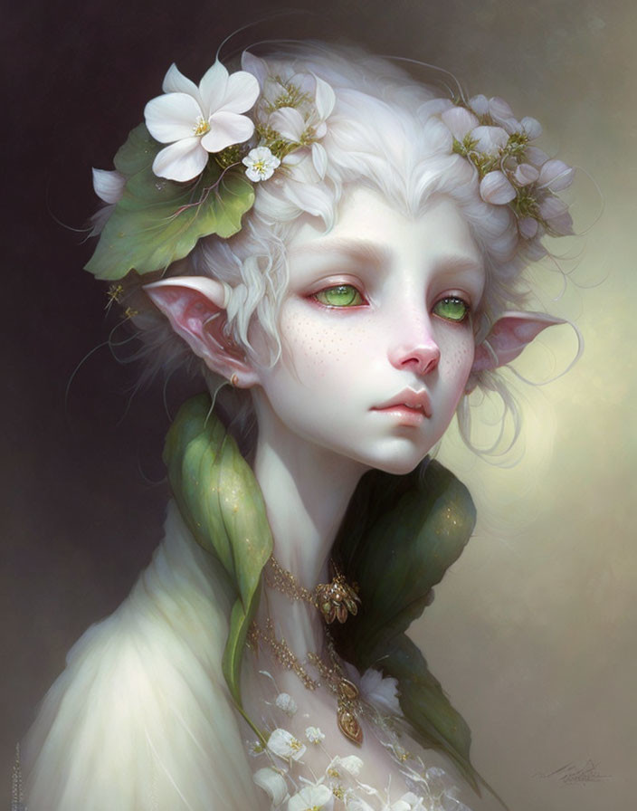 Ethereal fantasy creature with pointed ears and green eyes adorned with white flowers and leaves.