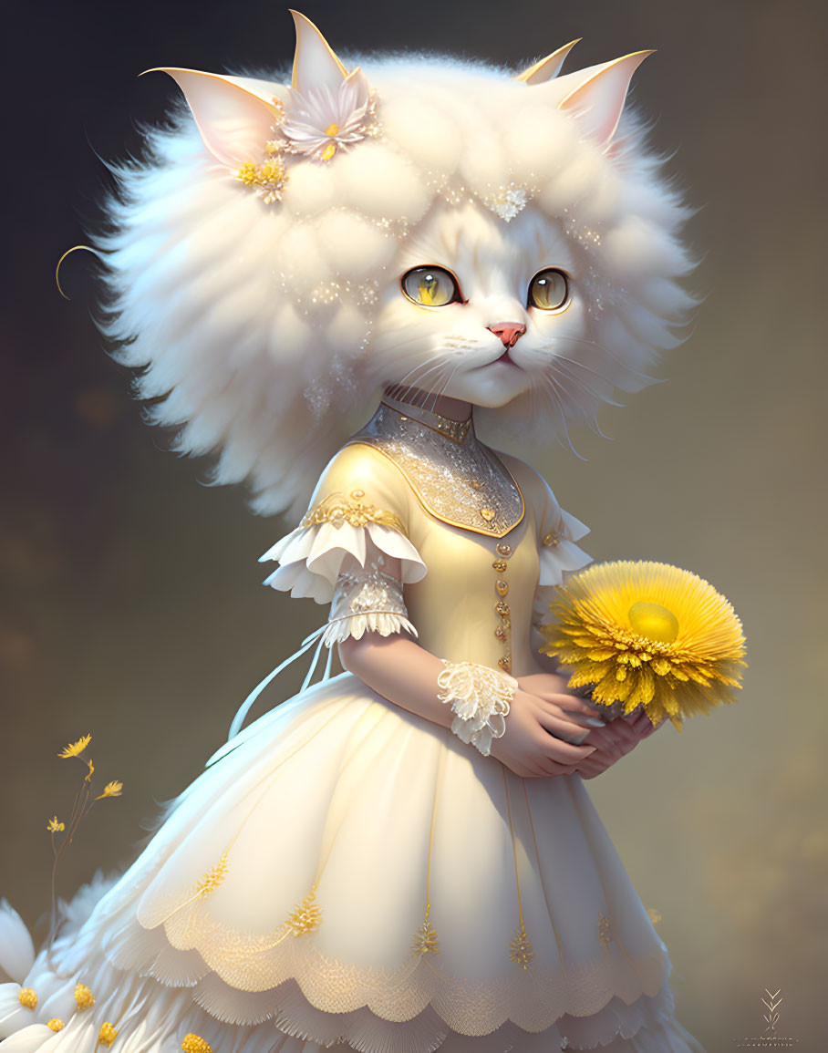 White anthropomorphic cat with expressive eyes in elegant dress and flowers.