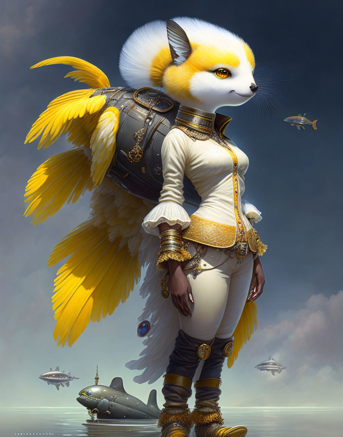 Anthropomorphic fox with wings in steampunk military attire among flying submarines and fish