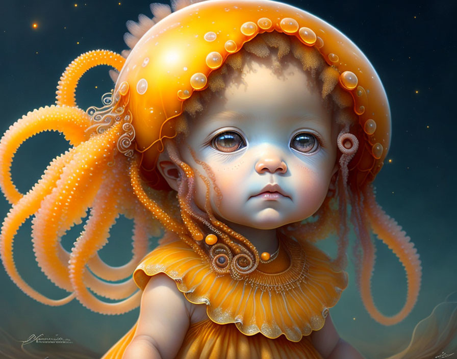 Digital art: Young girl with octopus features in underwater scene