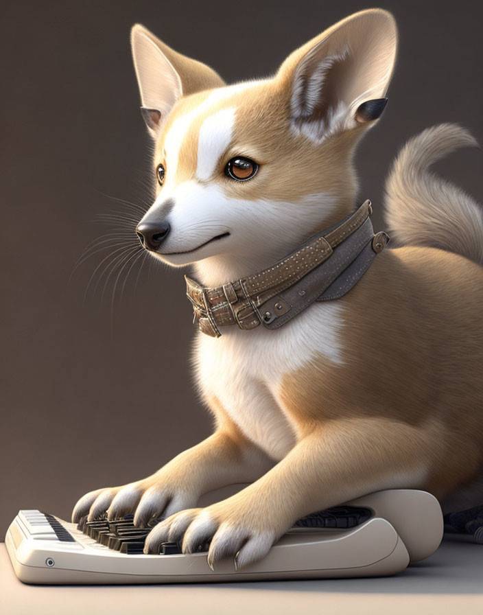 Realistic cartoon Corgi dog in front of a keyboard