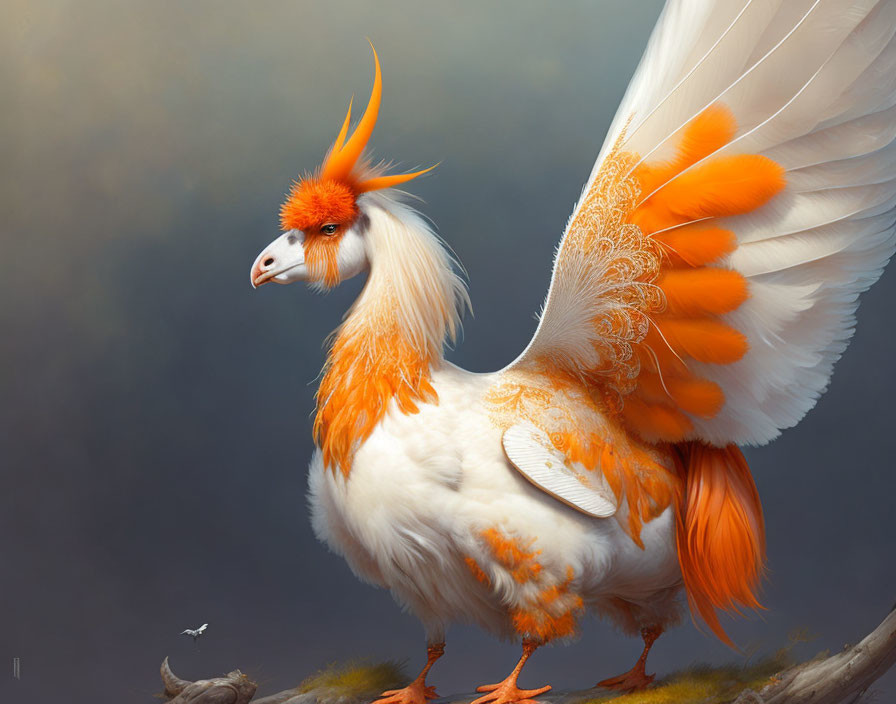 Whimsical bird illustration with orange plumage and flame-like crest