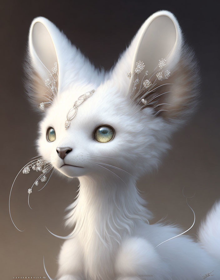 White fantasy creature with large ears and floral patterns.