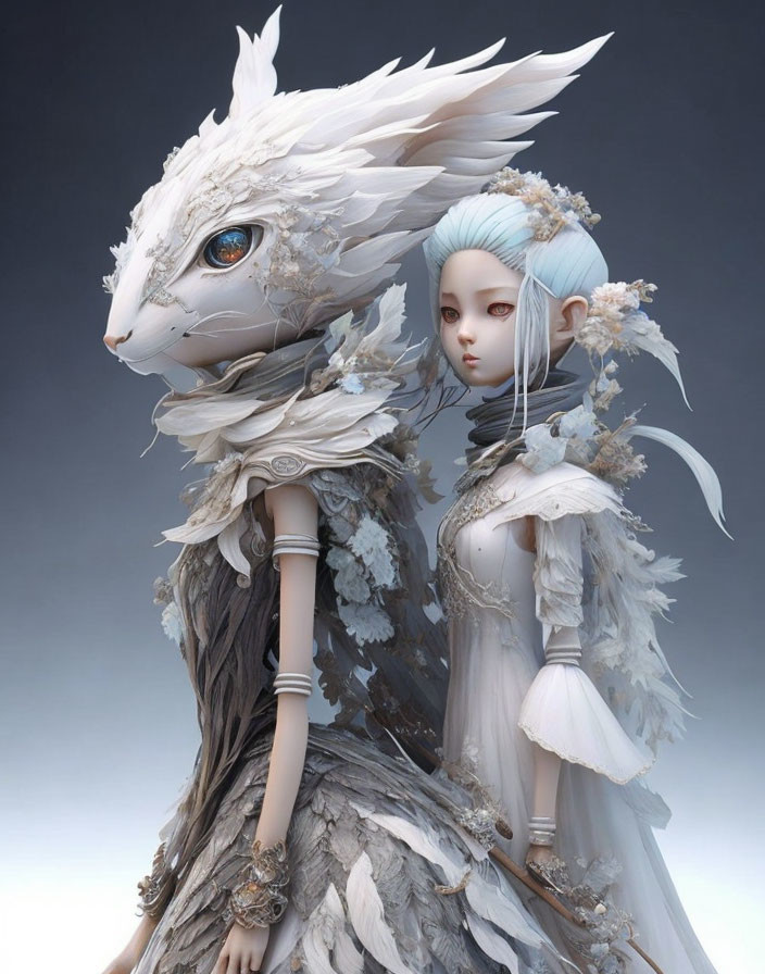 Fantasy digital artwork: humanoid with owl head & woman in feathered attire