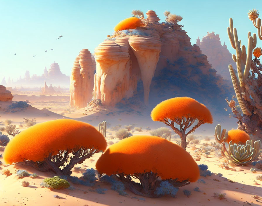 Colorful desert landscape with oversized orange mushroom formations and cacti.