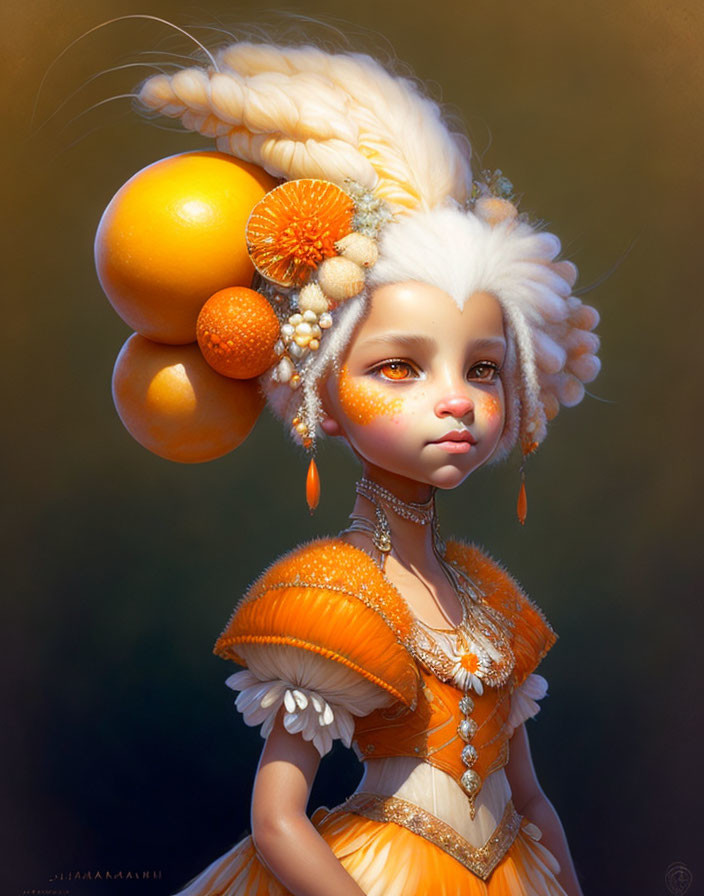 White-haired girl portrait with oranges, blossoms, orange dress, pearls, and gold accents