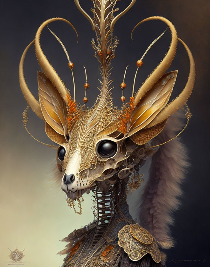 Intricate golden antlers on skull-faced creature in dark setting