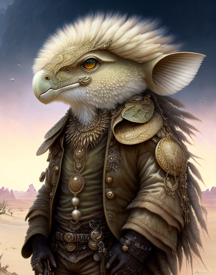 Anthropomorphic eagle character in ornate attire on desert background