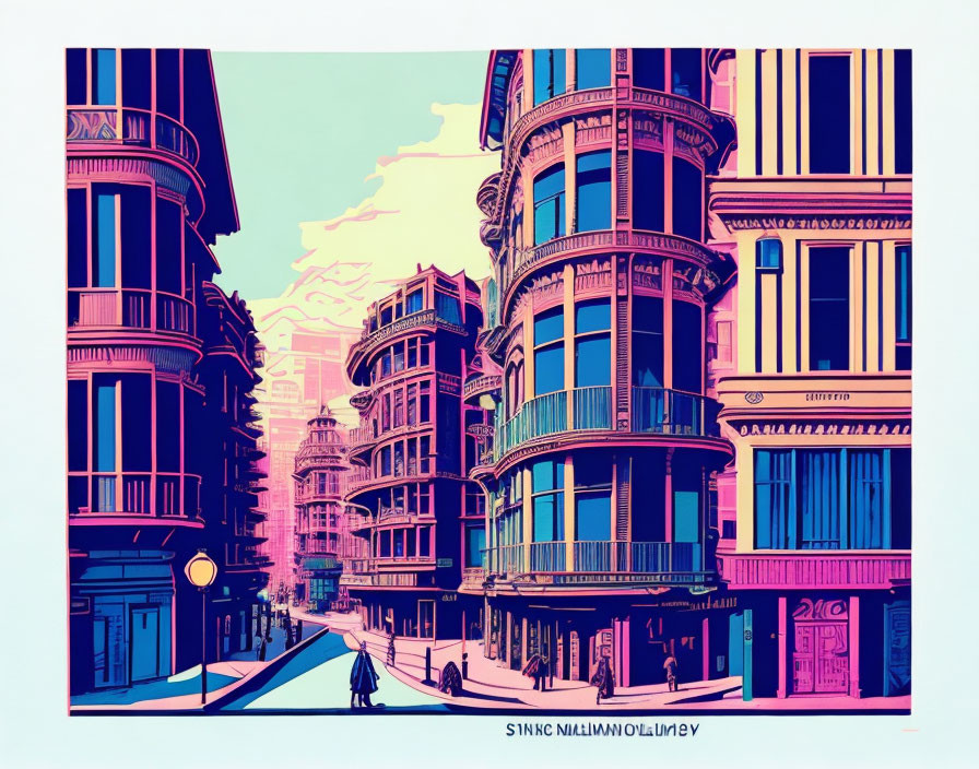 Vibrant Art Nouveau street corner illustration with lone figure and stylized clouds.