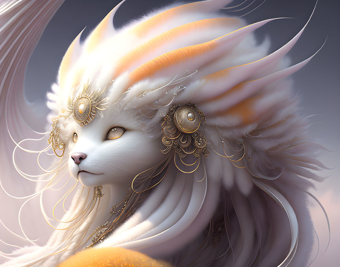 Majestic mythical white cat with gold jewelry and elegant aura.