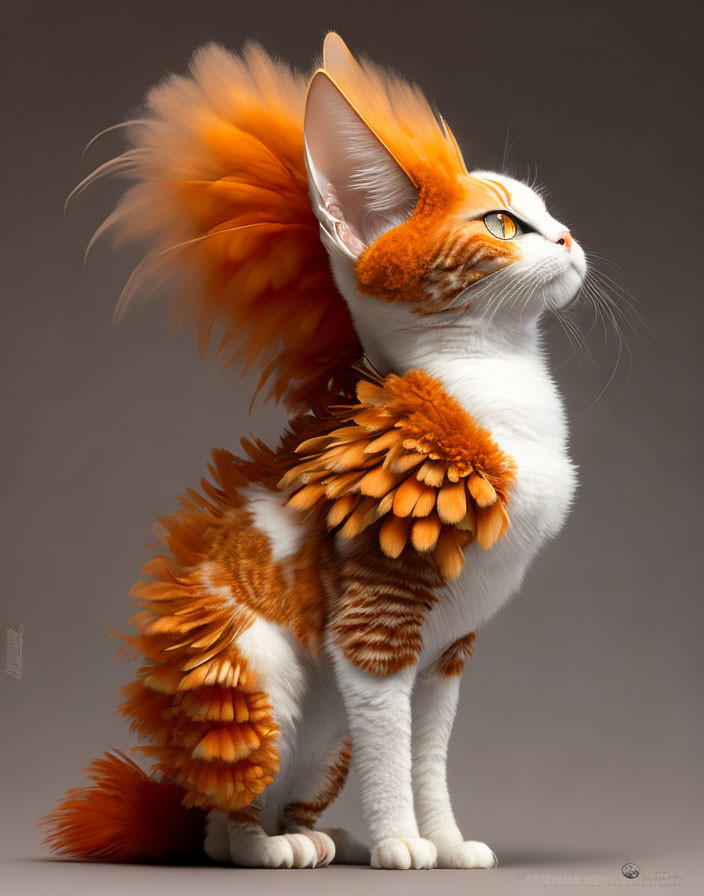 Stylized digital image of fluffy cat with orange and white colors on grey background