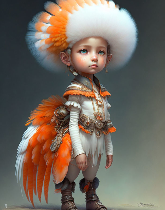 Child with angelic wings and native headdress in soft-lit digital art