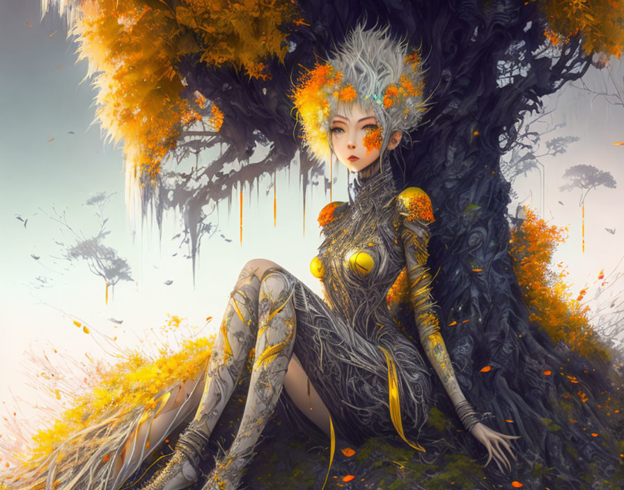 Fantastical female figure with tree-inspired body details under autumnal tree