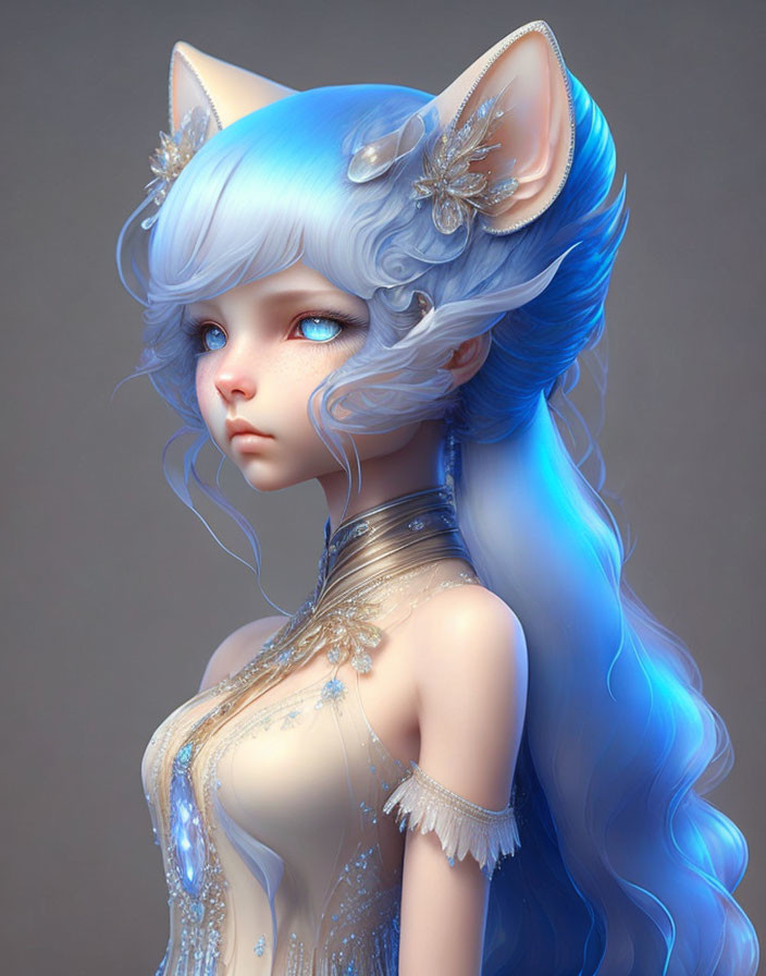 Fantasy figure with blue cat ears and hair in elaborate attire