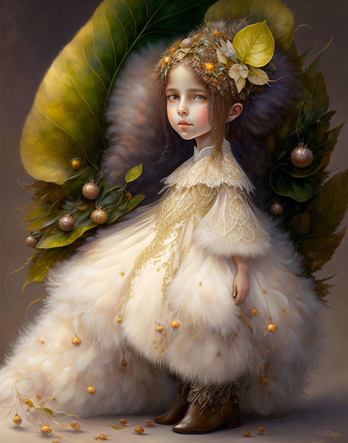 Serene child in vintage gown with golden leaves and berries