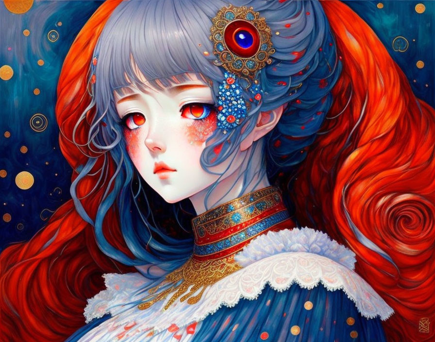 Detailed Illustration of Girl with Red Hair and Ornate Headpiece