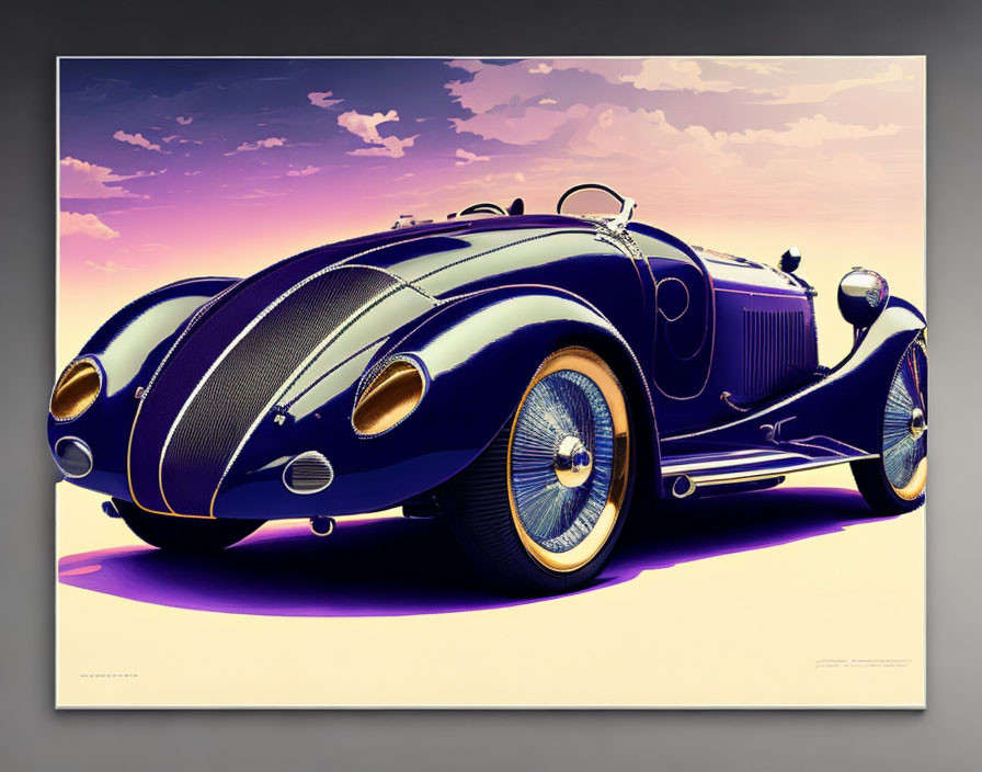 Vintage Car Illustration in Purple and Yellow on Sunset Gradient Background