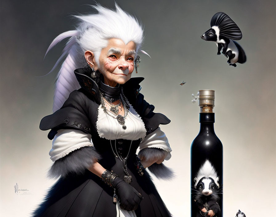 Illustrated White-Haired Elderly Woman, Skunk with Wings, Skunk Bottle