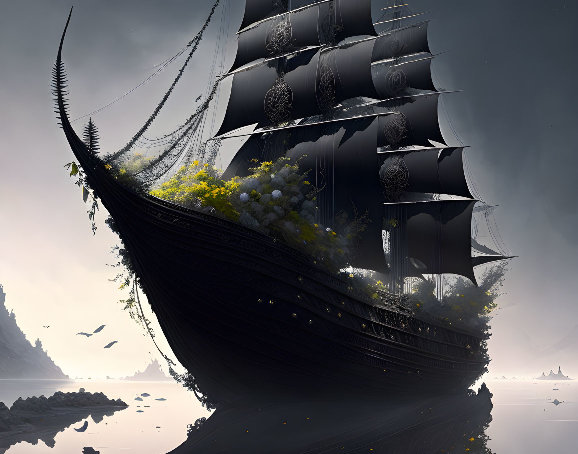 Gothic-style ship with dark sails in tranquil waters