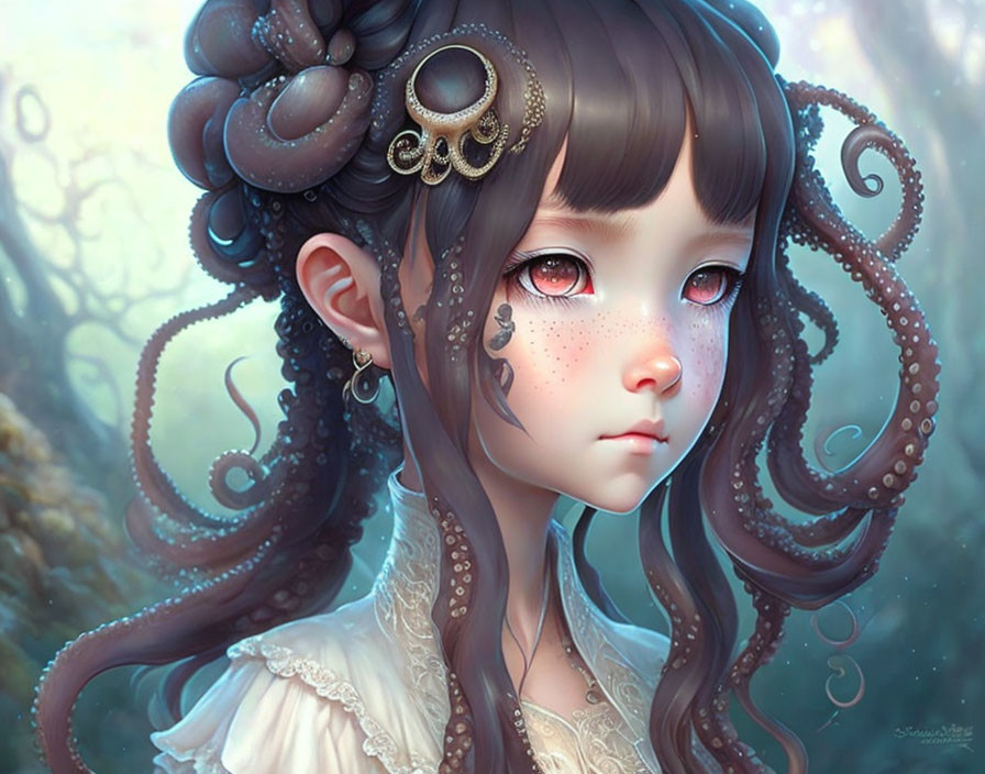 Digital Art Portrait of Girl with Expressive Eyes and Octopus-like Hair Tendrils