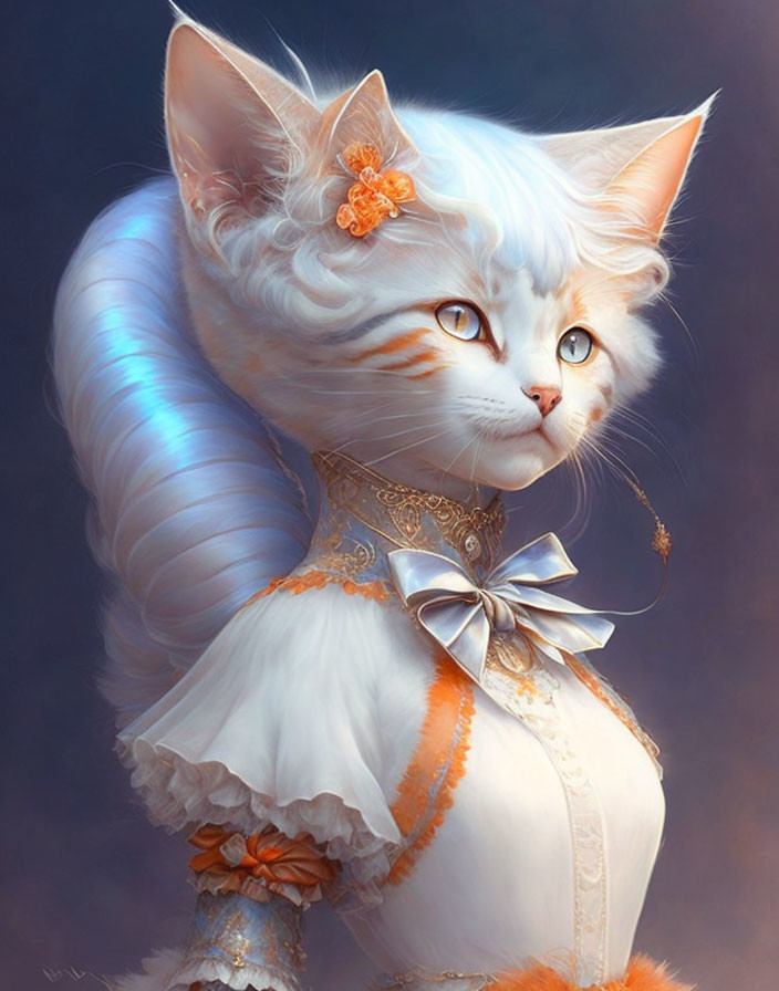 White Cat in Ornate Orange Dress with Blue Eyes and Floral Hair Accessory