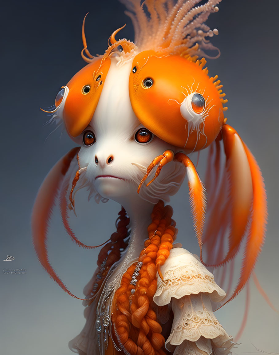 Orange squid-like creature with multiple eyes in ruffled collar and bead necklaces