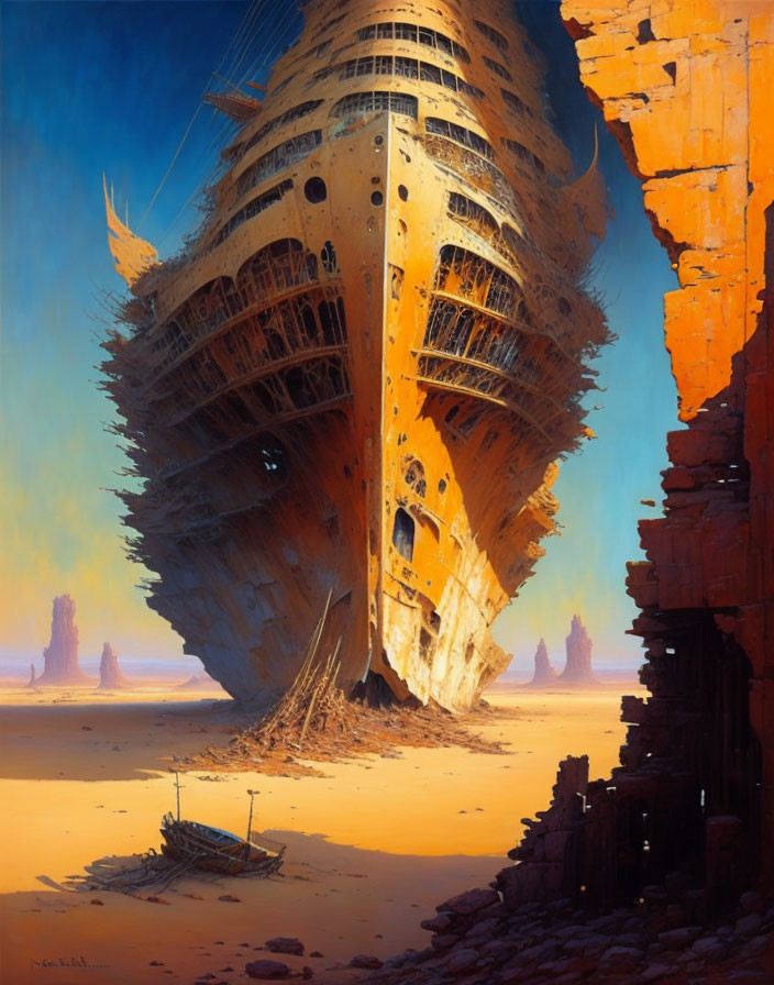 Gigantic shipwreck in desert with eroded hull and ancient structure remnants