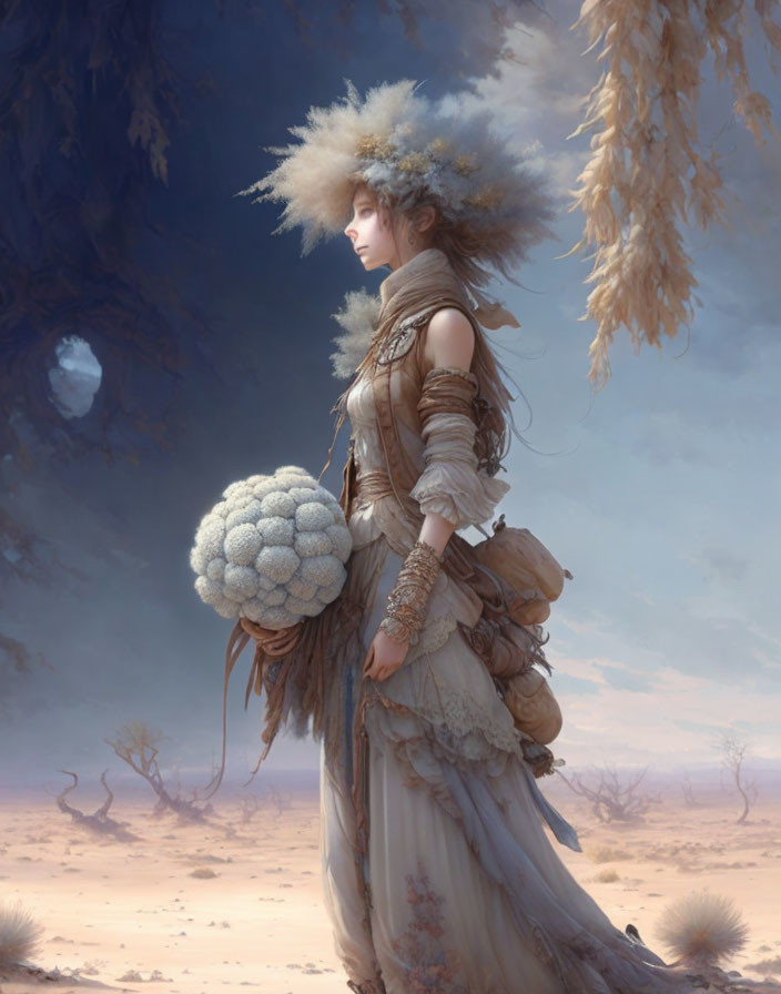 Elaborately costumed woman with large headdress in surreal desert scene