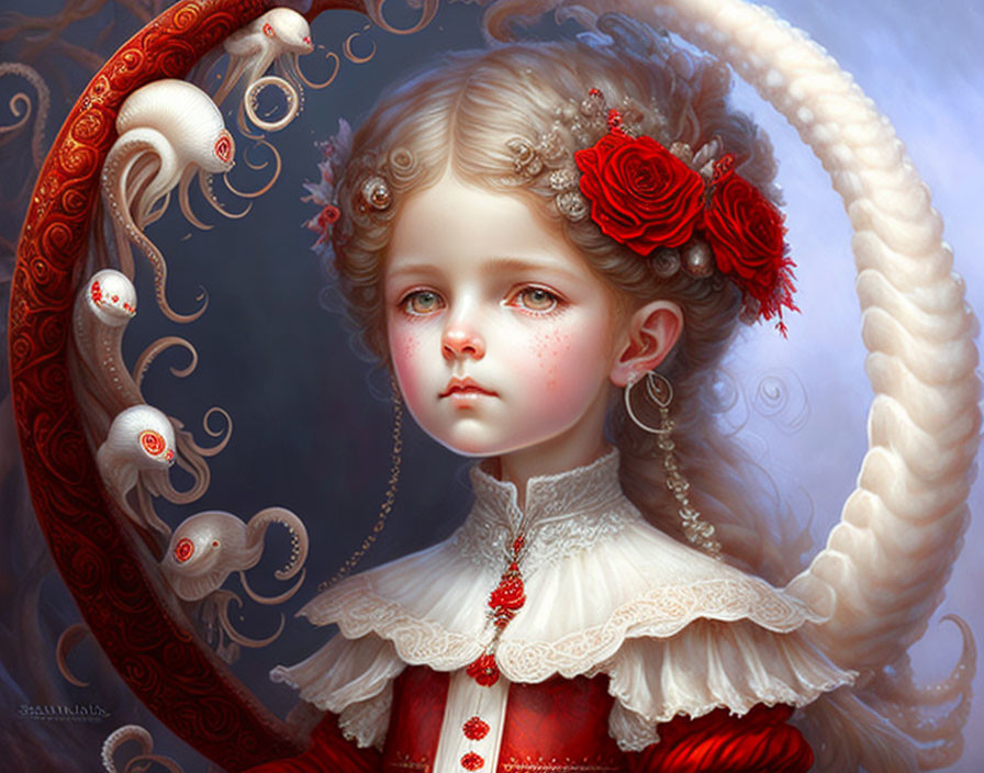 Surreal portrait: young girl with pale skin, large eyes, red flowers, white serp