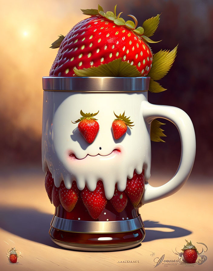 Whimsical digital illustration of a cute mug with creamy face and strawberries