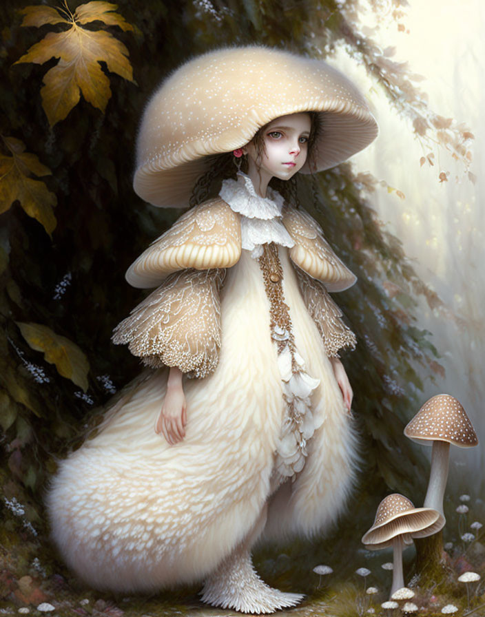 Fantasy character with mushroom hat in ornate attire among foliage