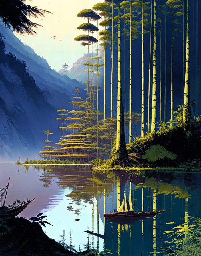 Tranquil lake scene with boat, bamboo, pine trees, sunlight, and misty mountains