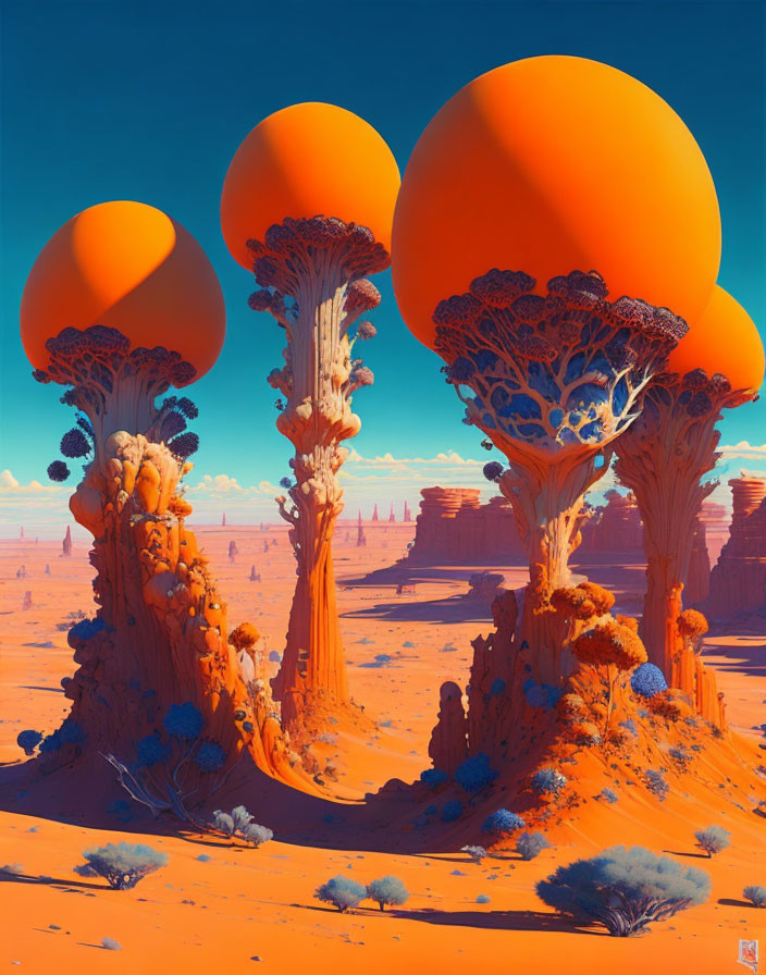 Orange Skies and Mushroom Trees in Surreal Landscape