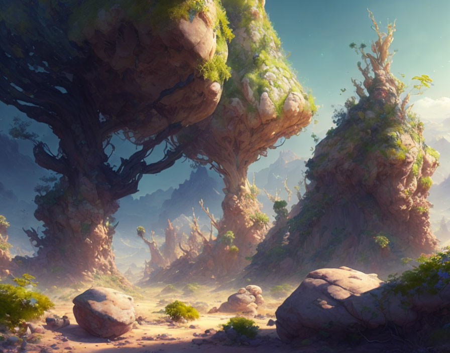 Ancient trees in mystical, rocky landscape under warm light