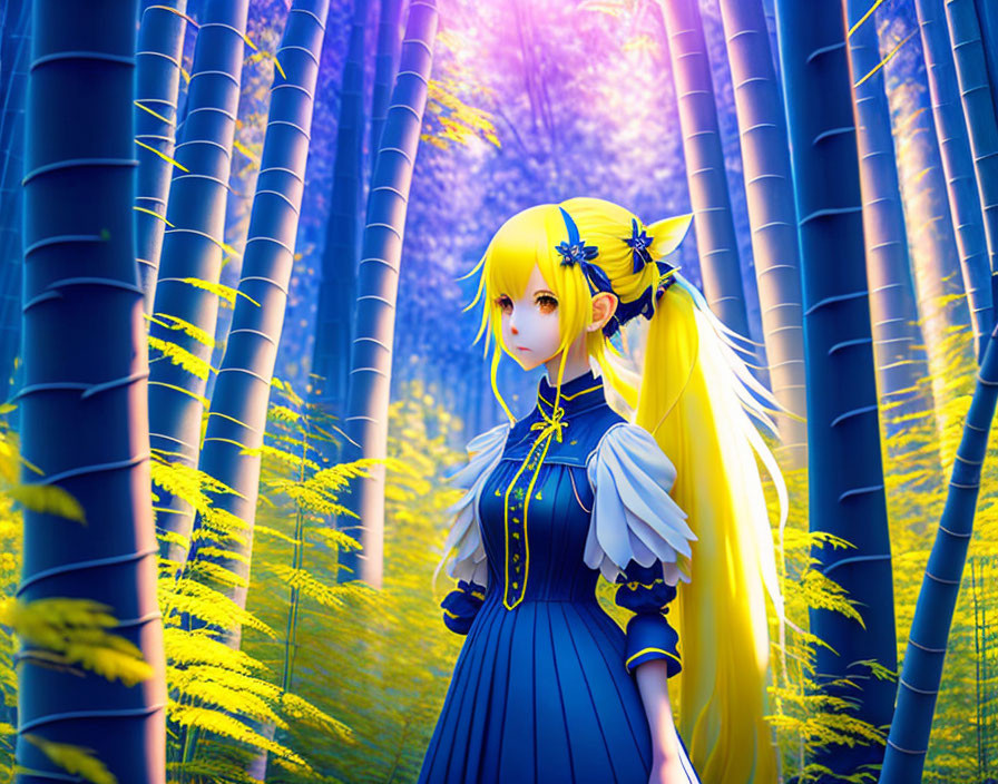 Yellow-haired anime girl in blue dress surrounded by bamboo forest under sunlight