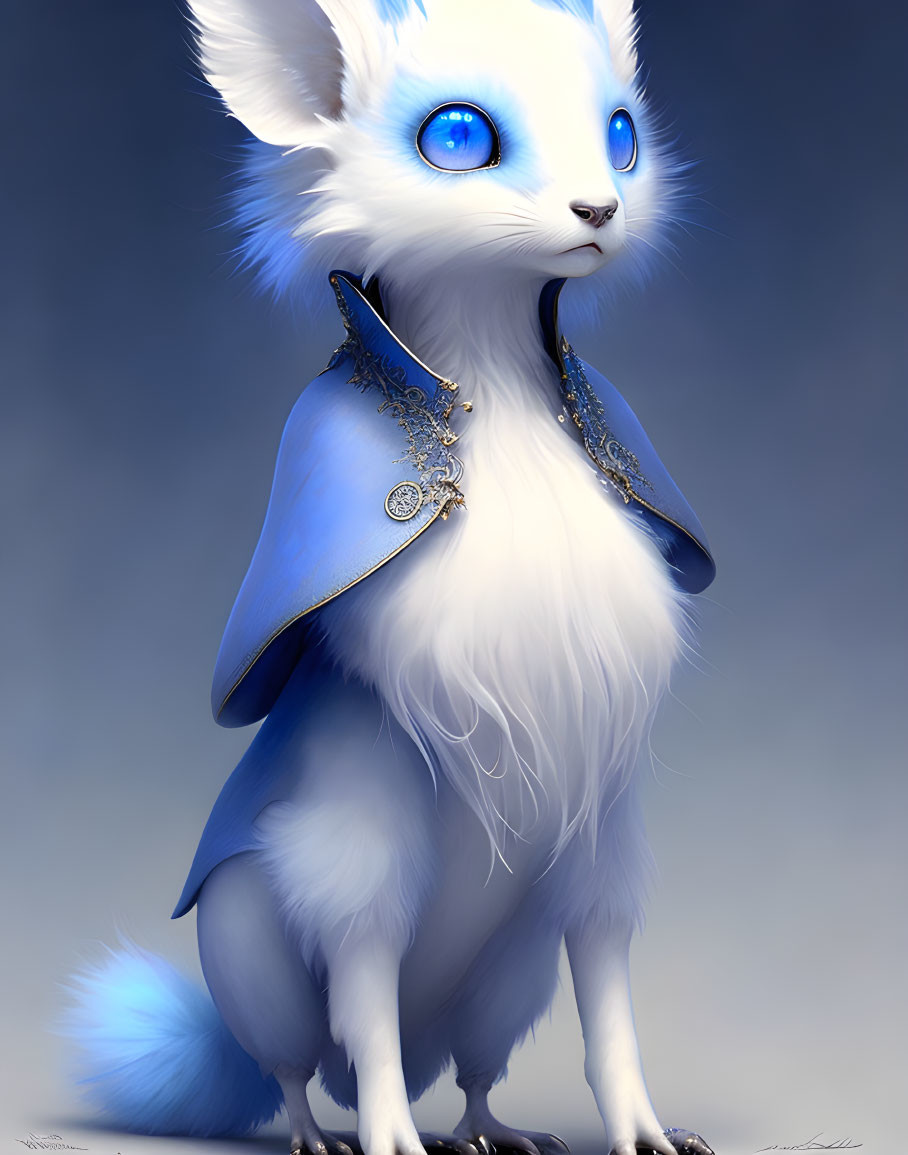 Blue-eyed white creature in silver and blue armor illustration