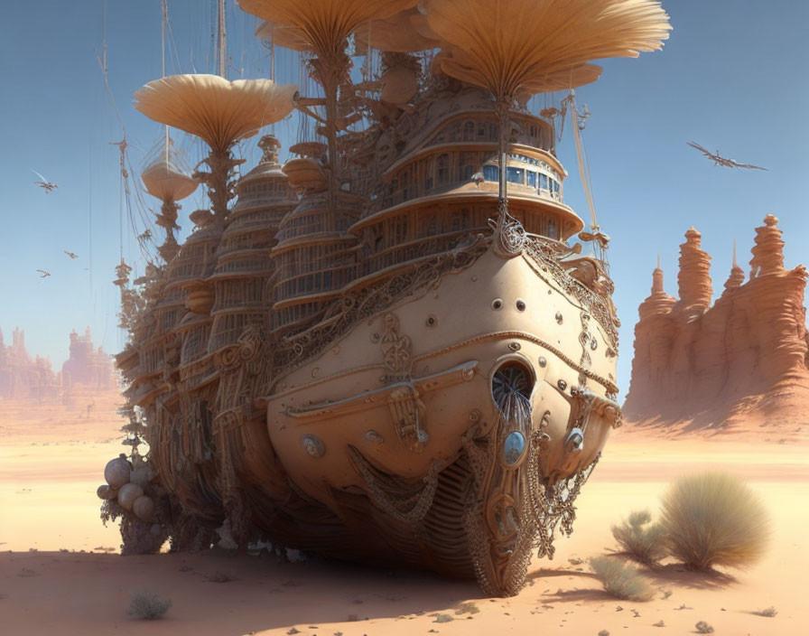 Ornate desert ship with mushroom canopies in barren landscape