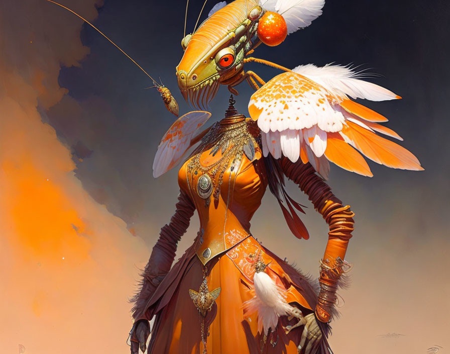 Colorful humanoid figure with insect-like features in ornate orange attire against cloudy sky