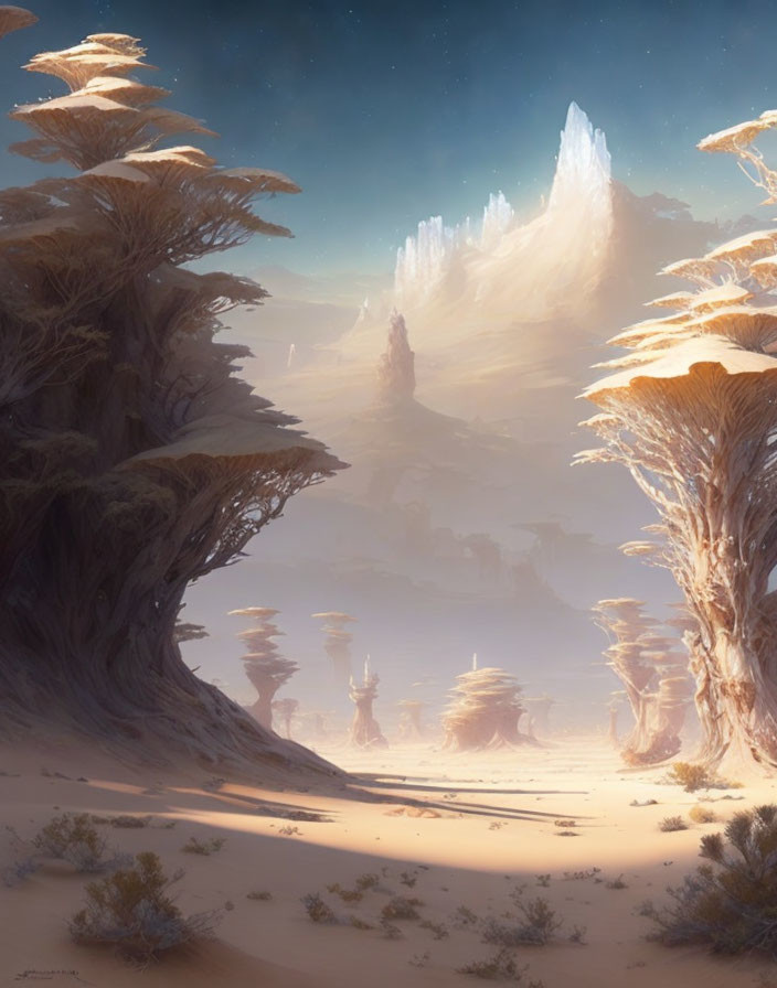 Fantasy landscape with towering trees and crystalline structures in hazy atmosphere